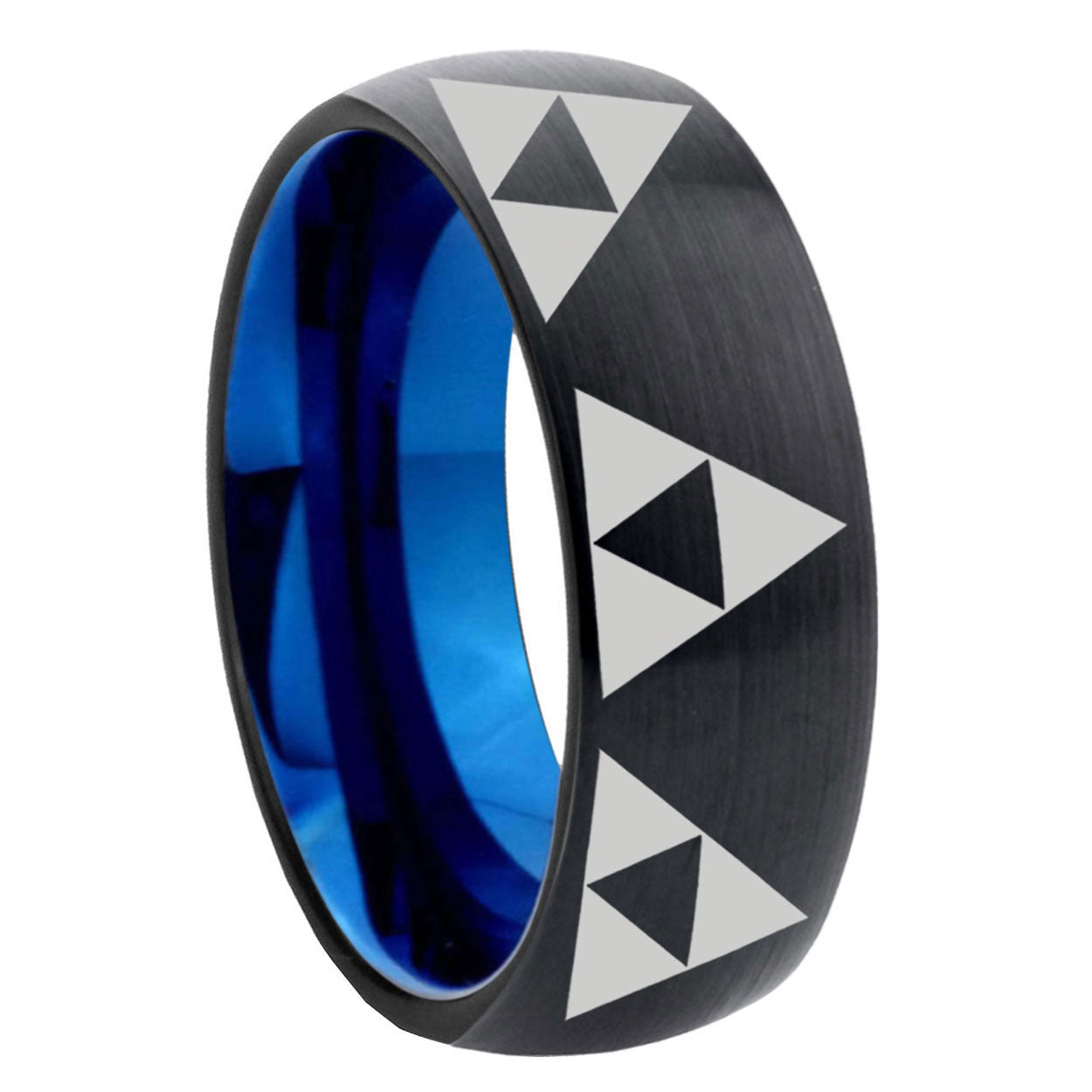 8mm Multi Zelda Triforce Two-Tone Classic Dome Black Blue Tungsten Engraved Ring