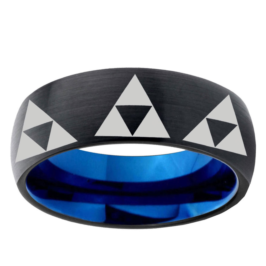 5mm Multi Zelda Triforce Two-Tone Classic Dome Black Blue Tungsten Engraved Ring