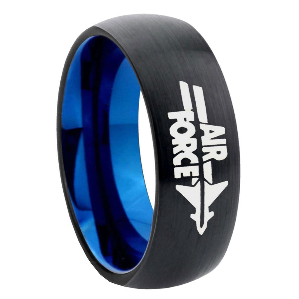 8mm Air Force Two-Tone Classic Dome Black Blue Tungsten Engraved Ring