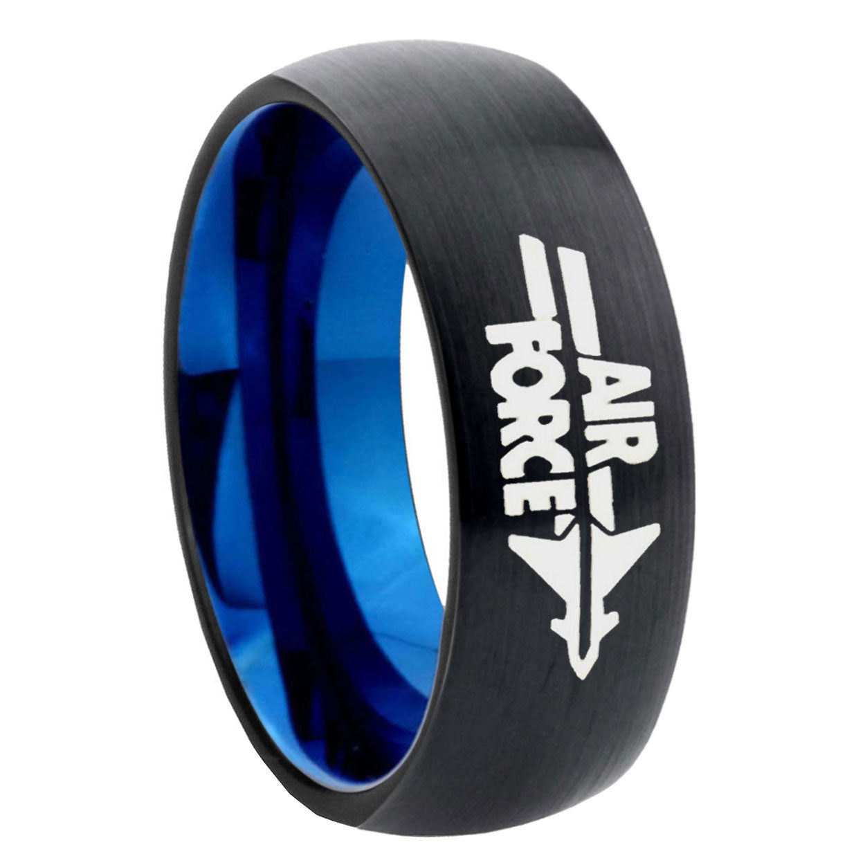 8mm Air Force Two-Tone Classic Dome Black Blue Tungsten Engraved Ring