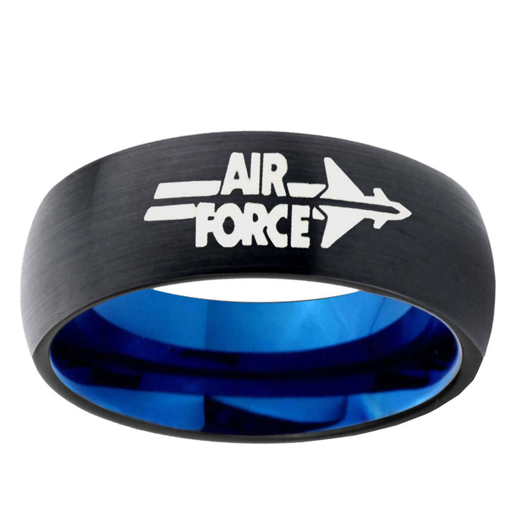5mm Air Force Two-Tone Classic Dome Black Blue Tungsten Engraved Ring