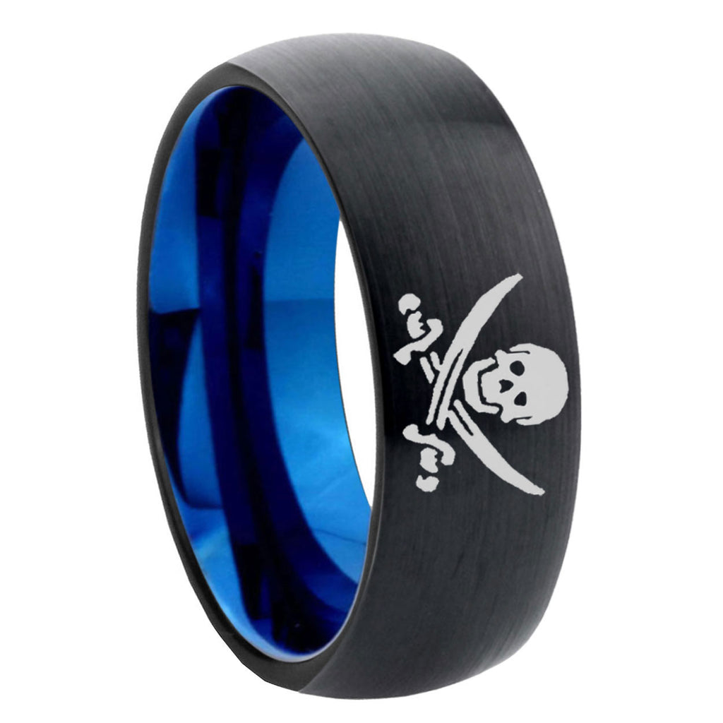 8mm Skull Pirate Two-Tone Classic Dome Black Blue Tungsten Engraved Ring