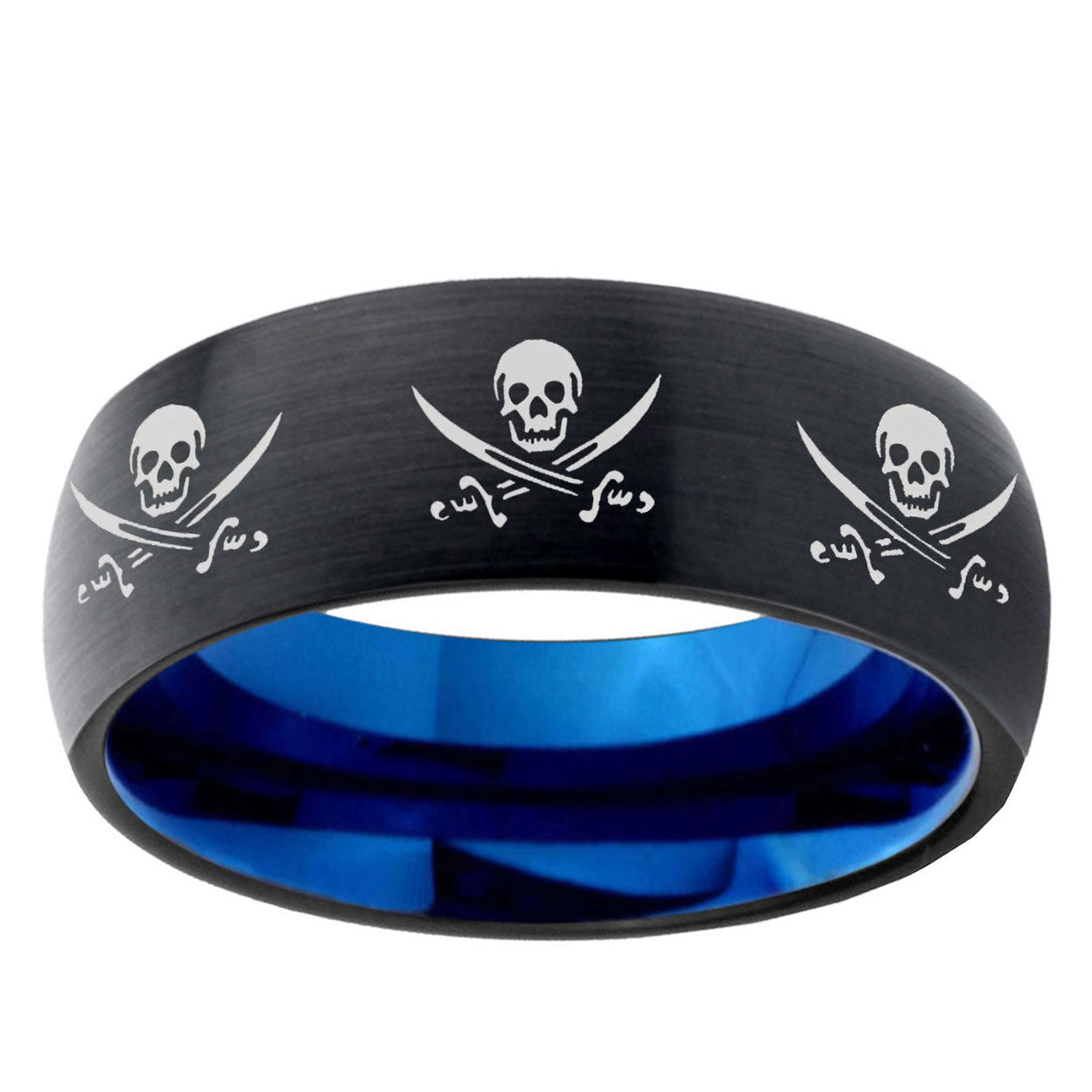 5mm Multi Skull Pirate Two-Tone Classic Dome Black Blue Tungsten Engraved Ring