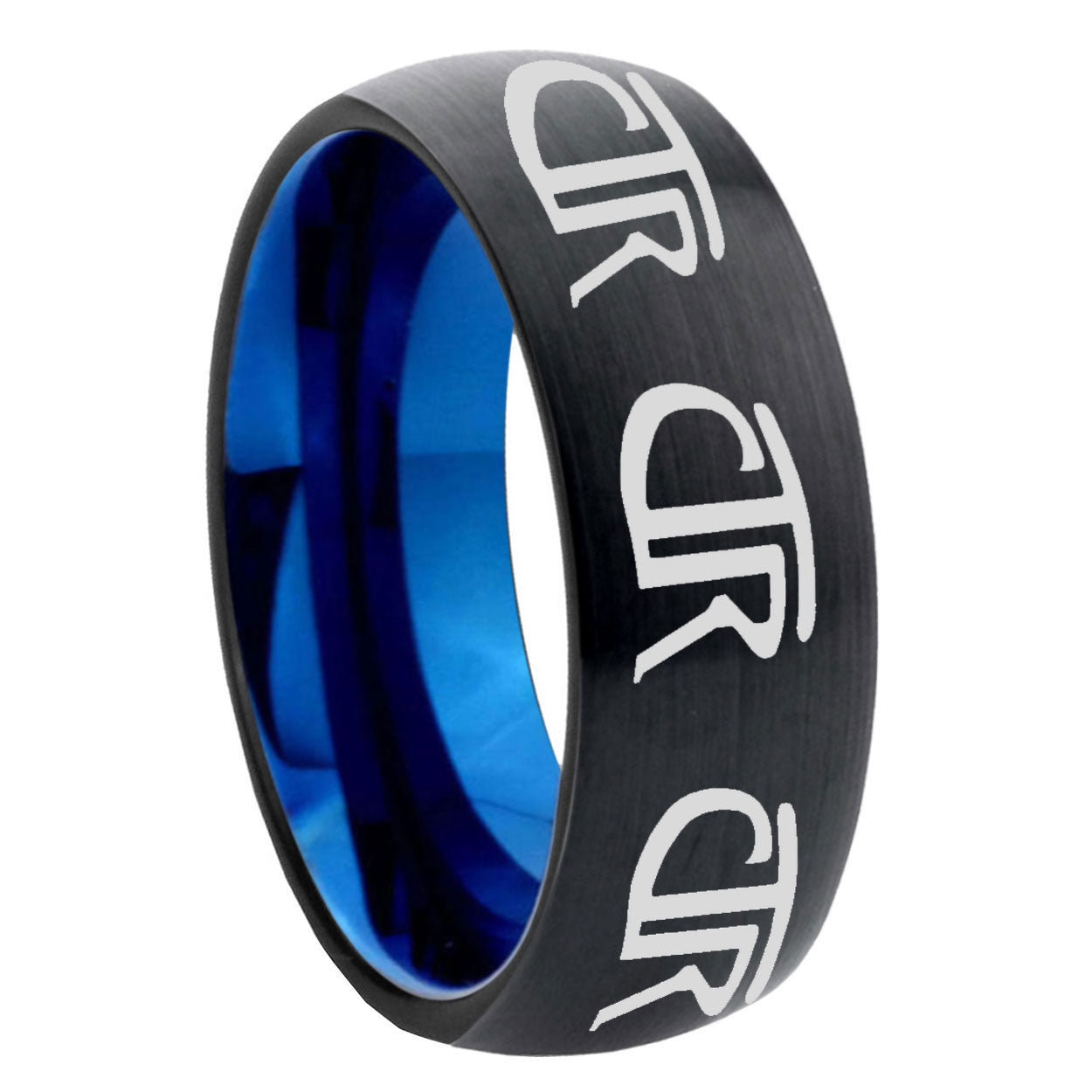 8mm Multiple CTR Two-Tone Classic Dome Black Blue Tungsten Engraved Ring