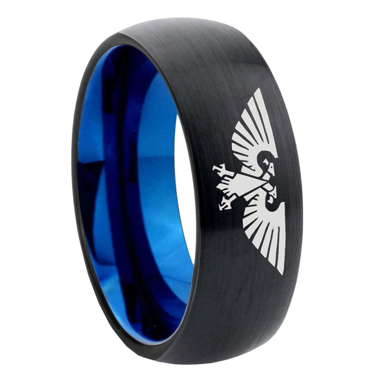 8mm Aquila Two-Tone Classic Dome Black Blue Tungsten Engraved Ring