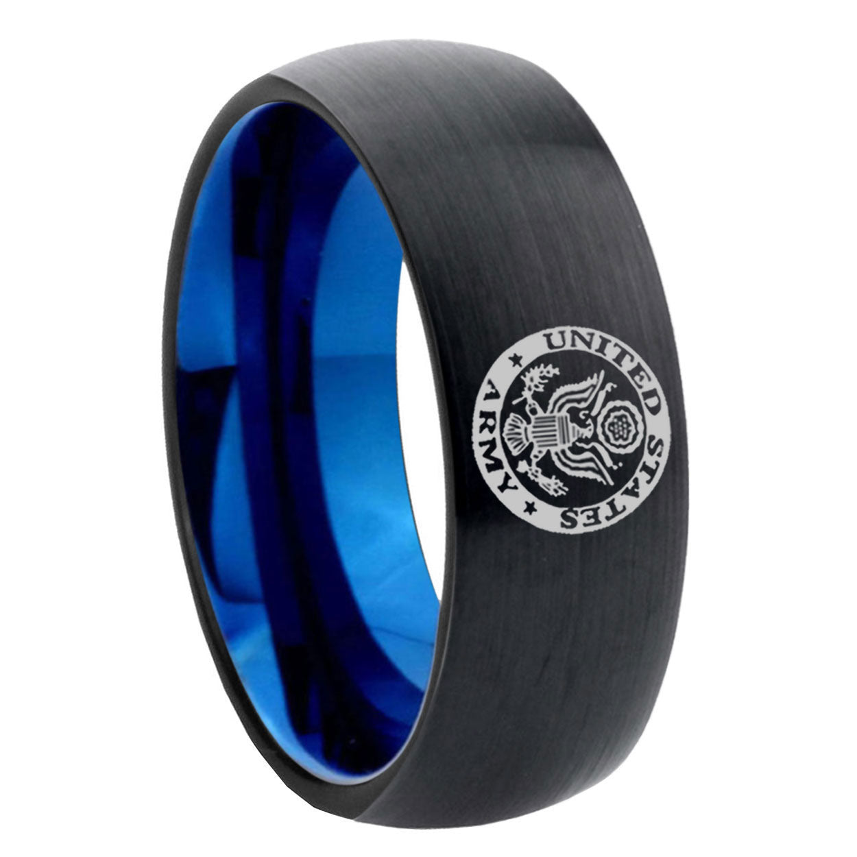 8mm U.S. Army Two-Tone Classic Dome Black Blue Tungsten Engraved Ring