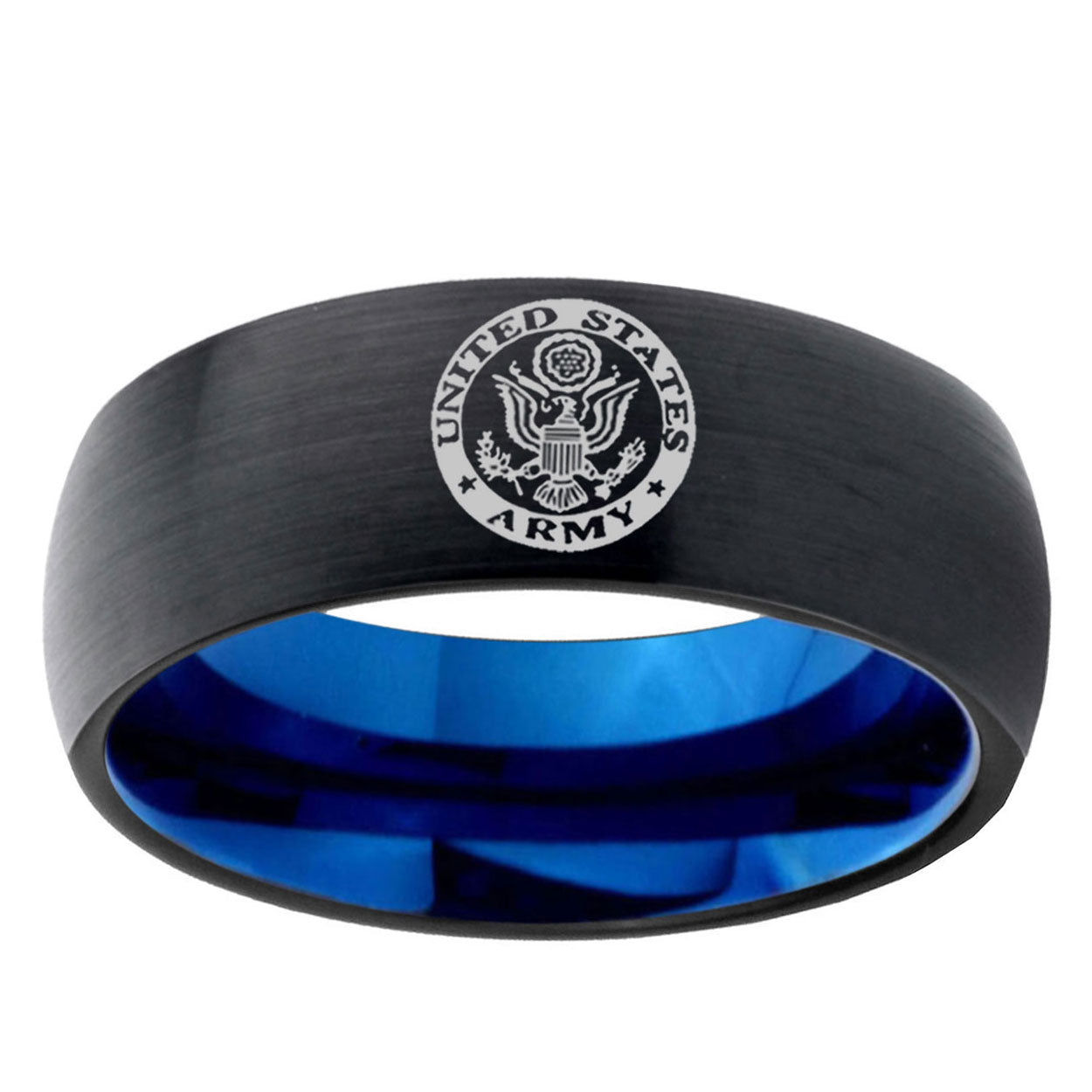 5mm U.S. Army Two-Tone Classic Dome Black Blue Tungsten Engraved Ring