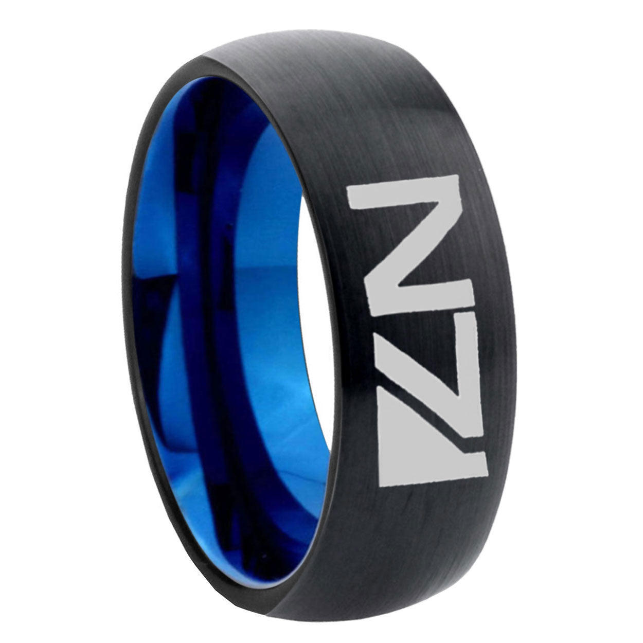 8mm N7 Design Two-Tone Classic Dome Black Blue Tungsten Engraved Ring