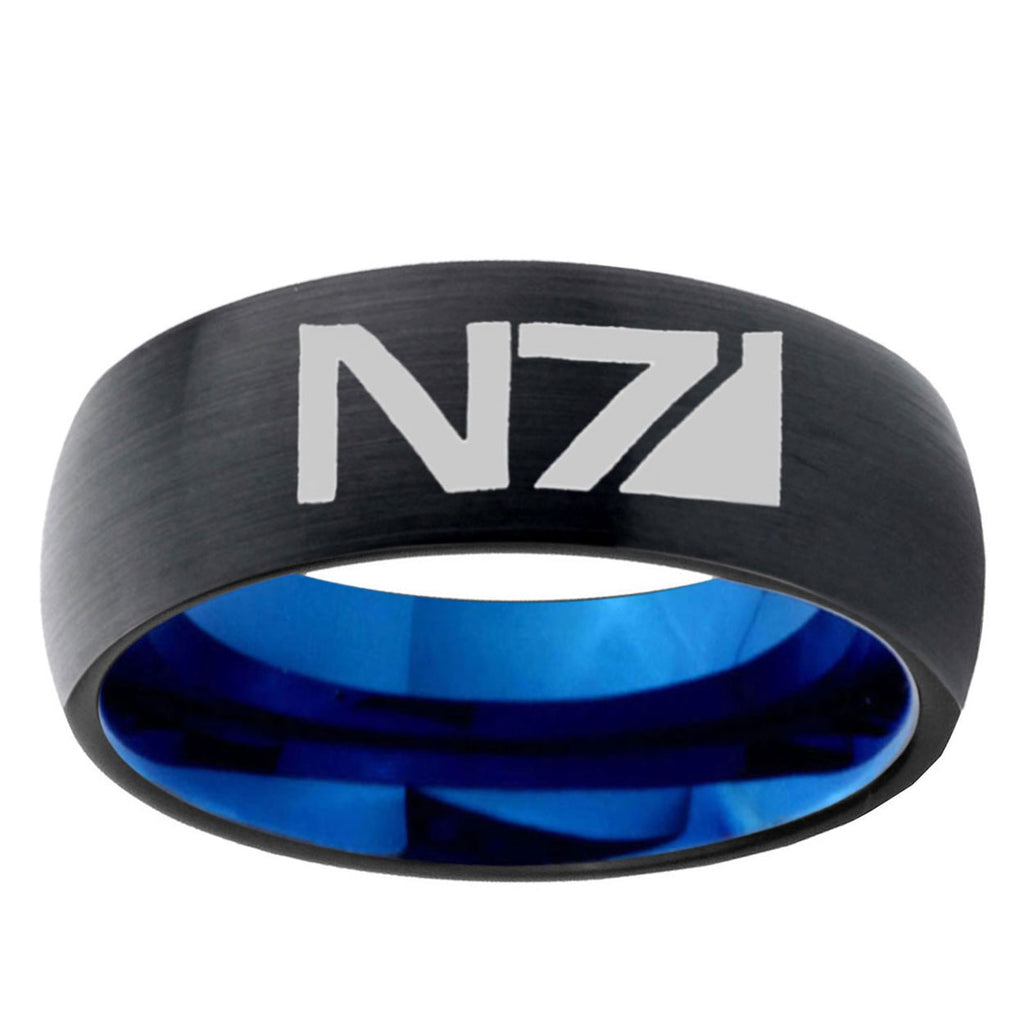 5mm N7 Design Two-Tone Classic Dome Black Blue Tungsten Engraved Ring