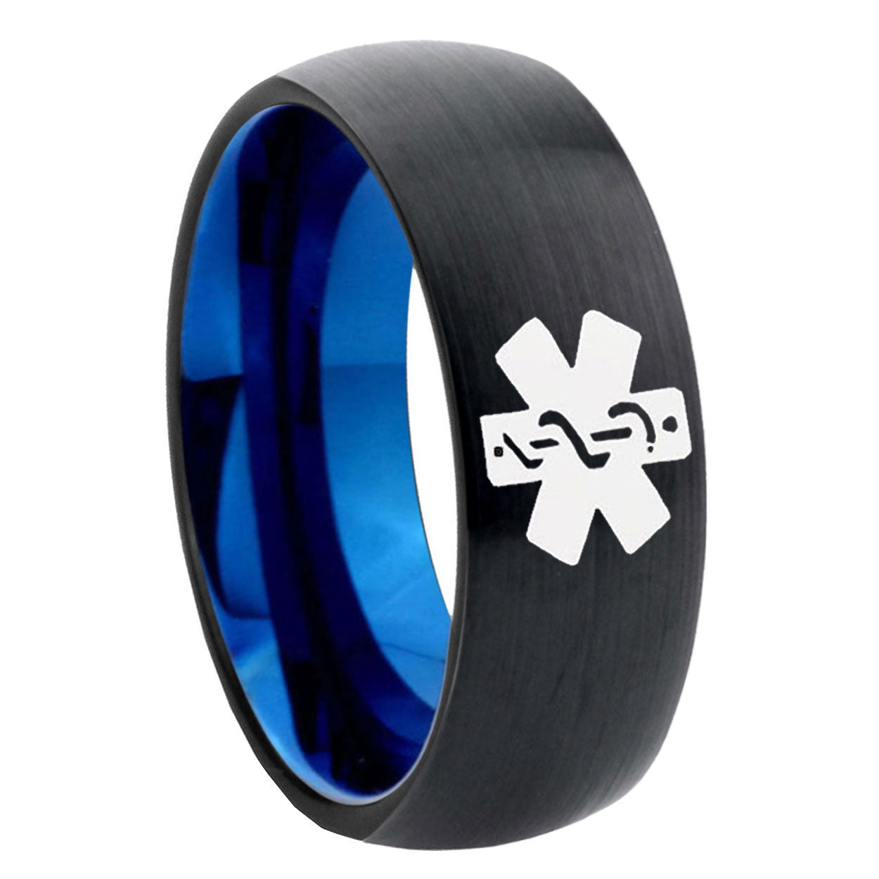 8mm Medical Alert Two-Tone Classic Dome Black Blue Tungsten Engraved Ring
