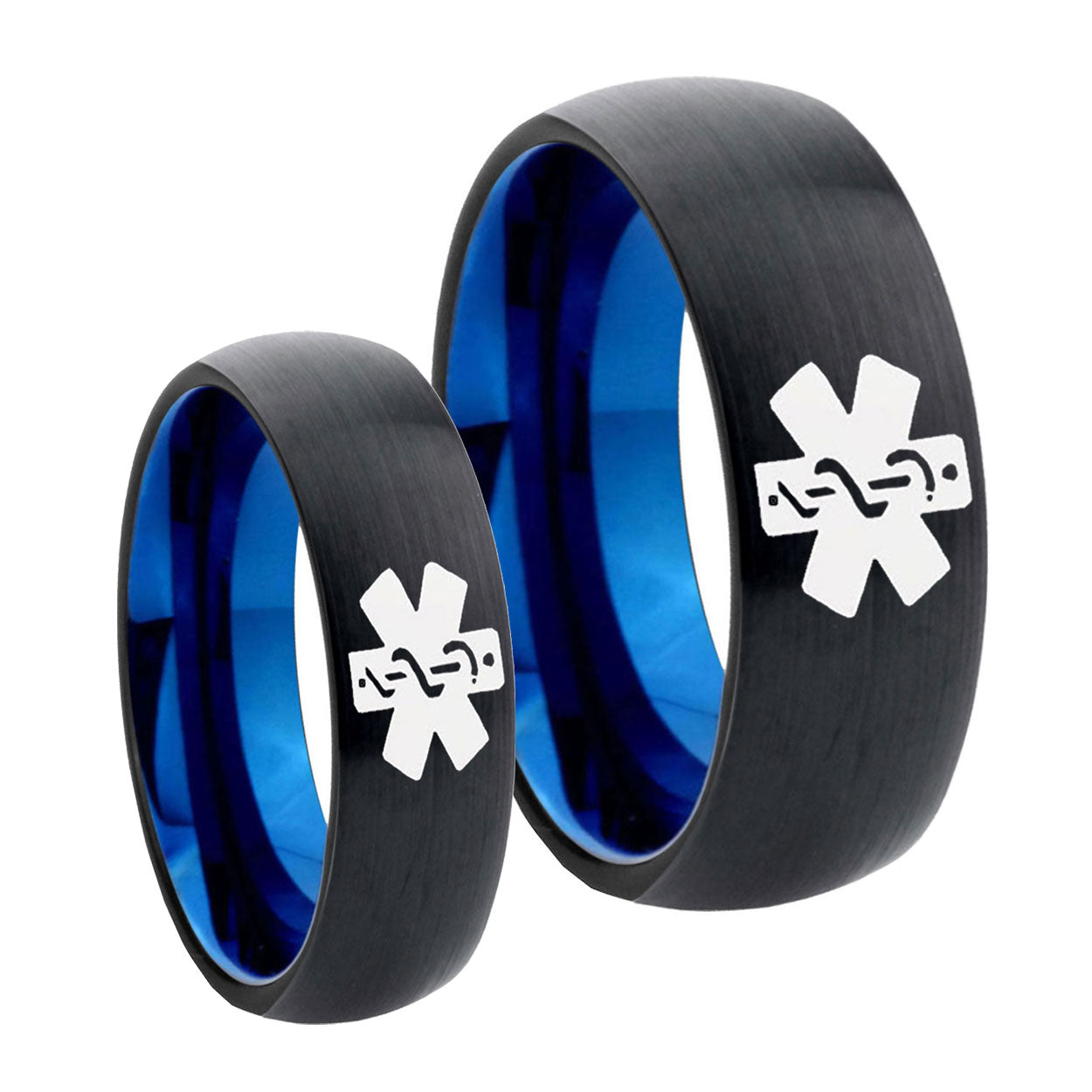 Medical Alerts Dome Blue Tungsten Couple Wedding Rings