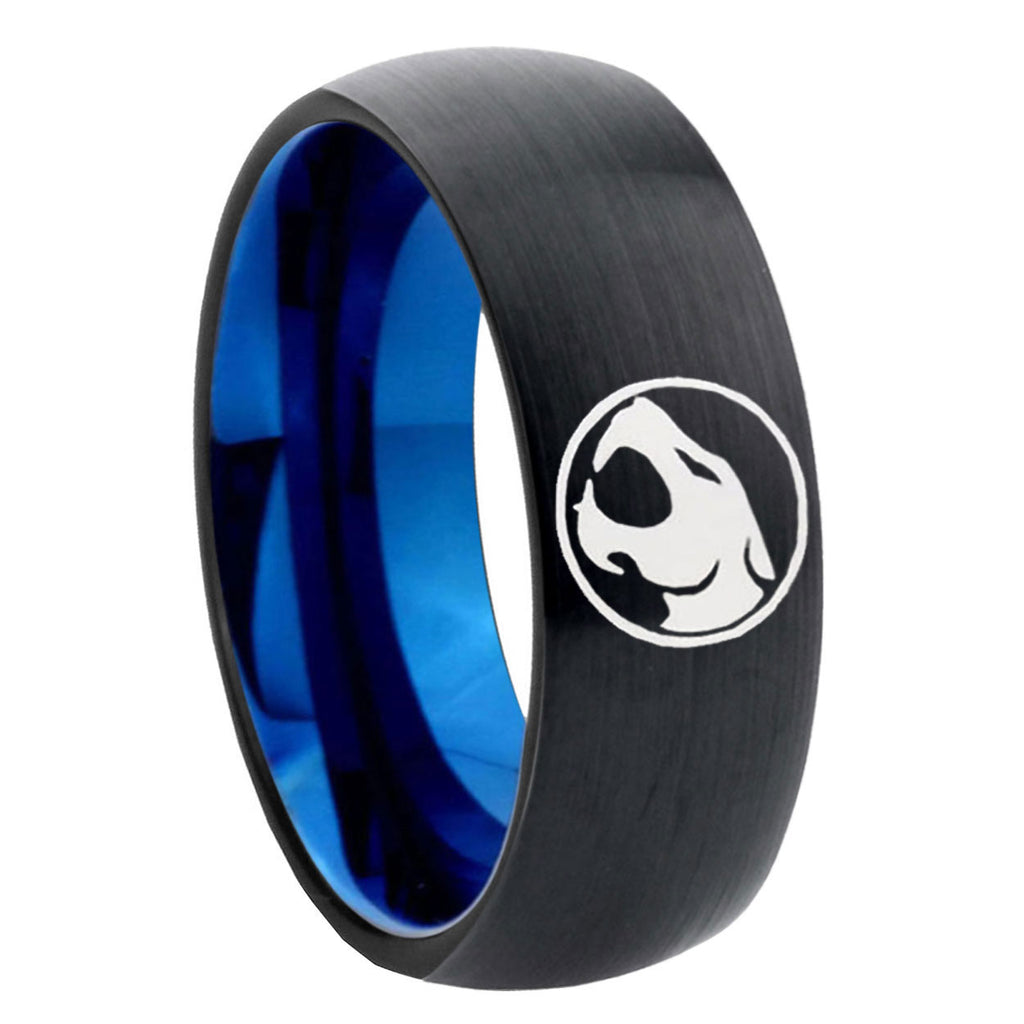 8mm Thundercat Two-Tone Classic Dome Black Blue Tungsten Engraved Ring
