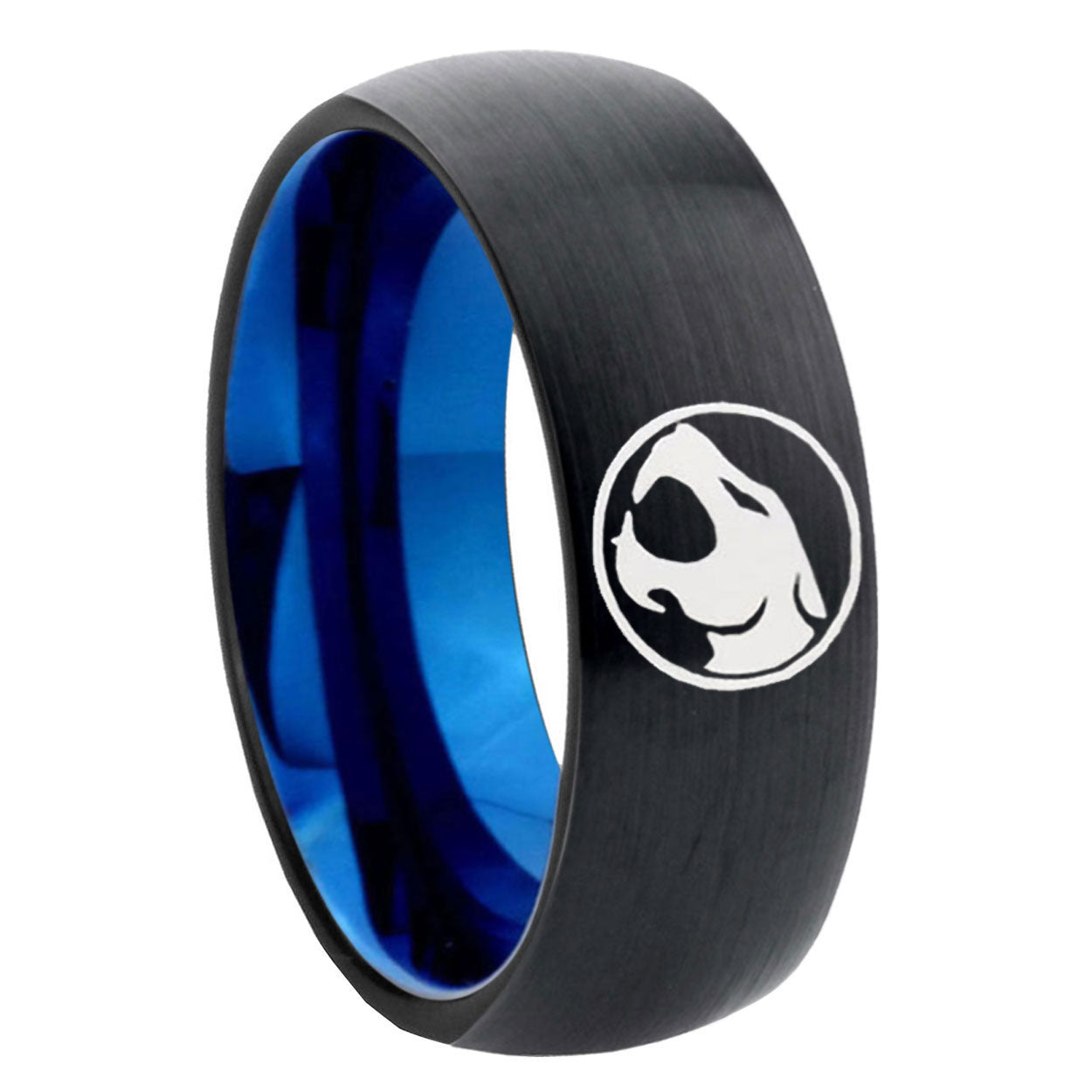 8mm Thundercat Two-Tone Classic Dome Black Blue Tungsten Engraved Ring