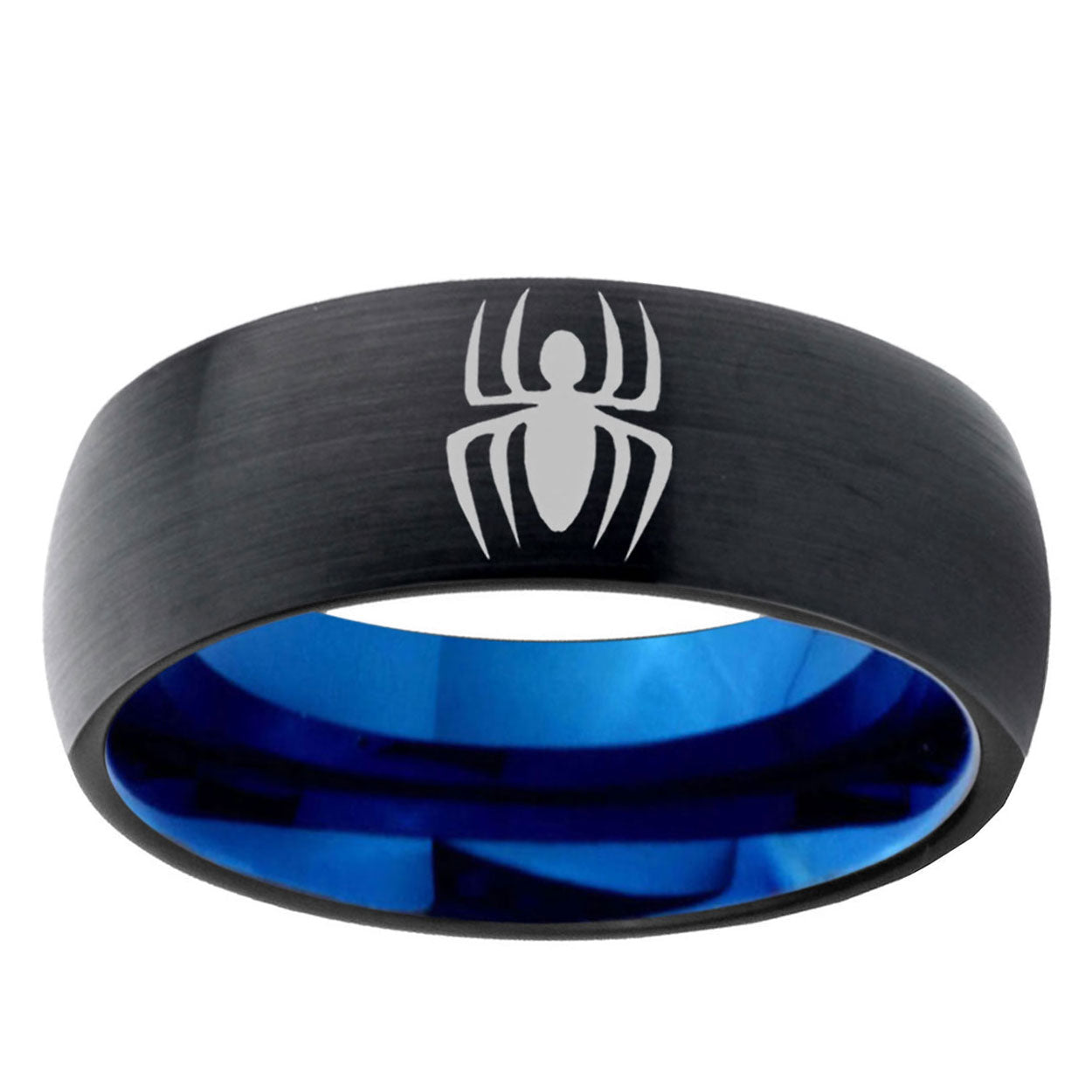 5mm Spiderman Two-Tone Classic Dome Black Blue Tungsten Engraved Ring