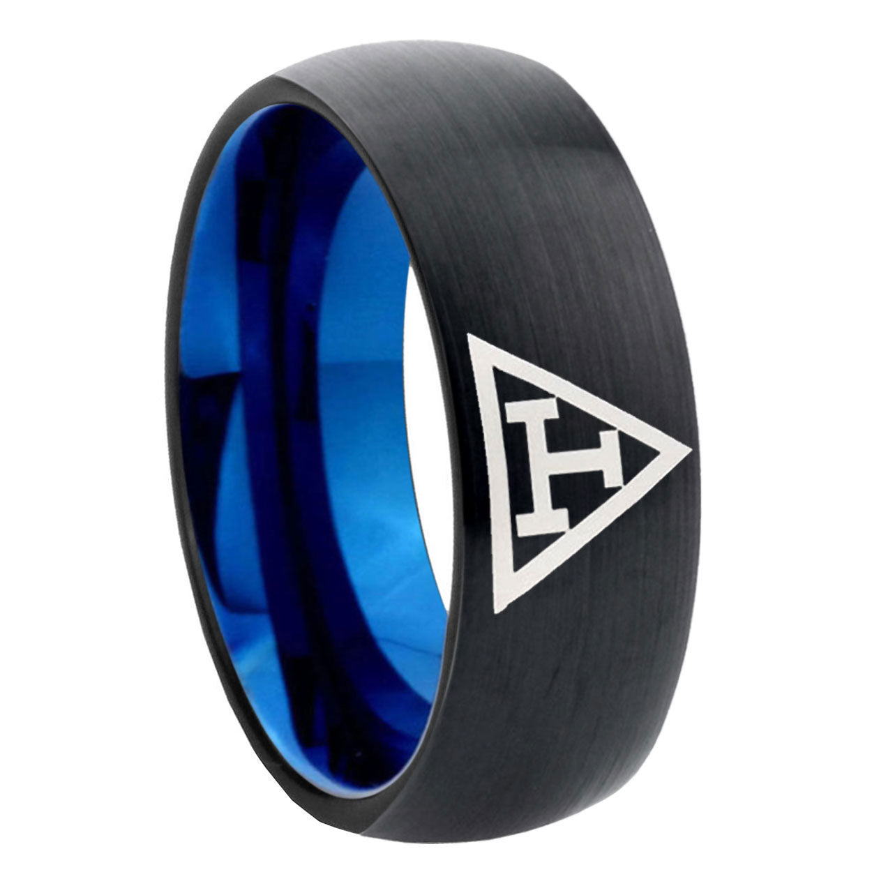 8mm Masonic Triple Two-Tone Classic Dome Black Blue Tungsten Engraved Ring