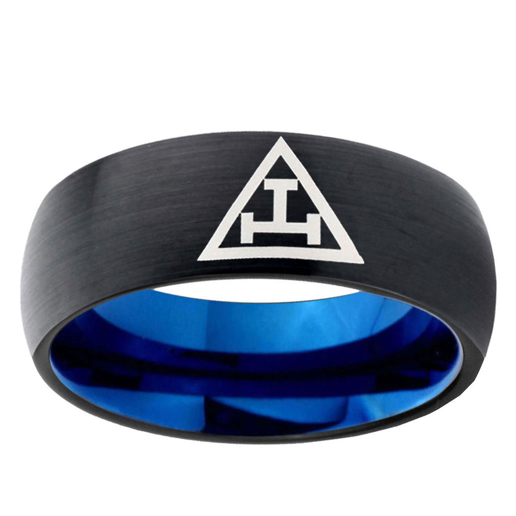 5mm Masonic Triple Two-Tone Classic Dome Black Blue Tungsten Engraved Ring