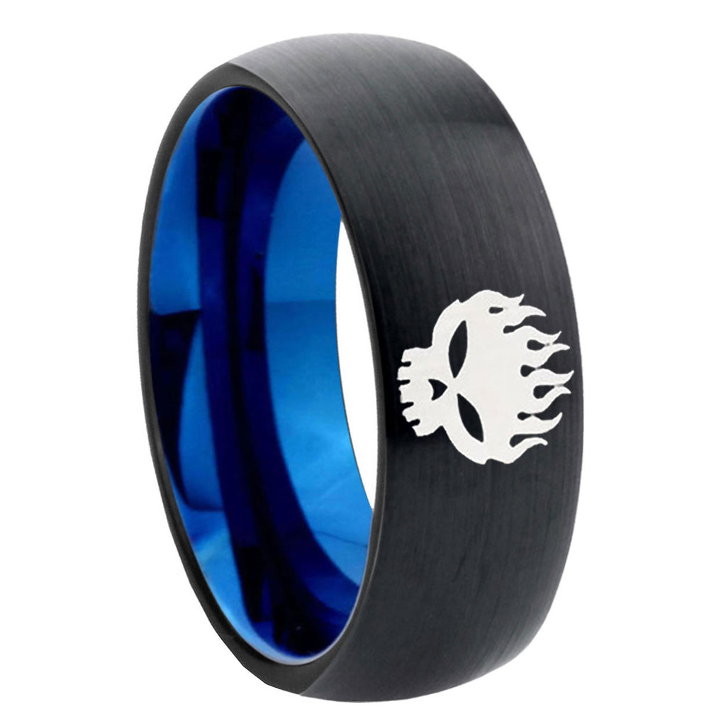 8mm Offspring Two-Tone Classic Dome Black Blue Tungsten Engraved Ring