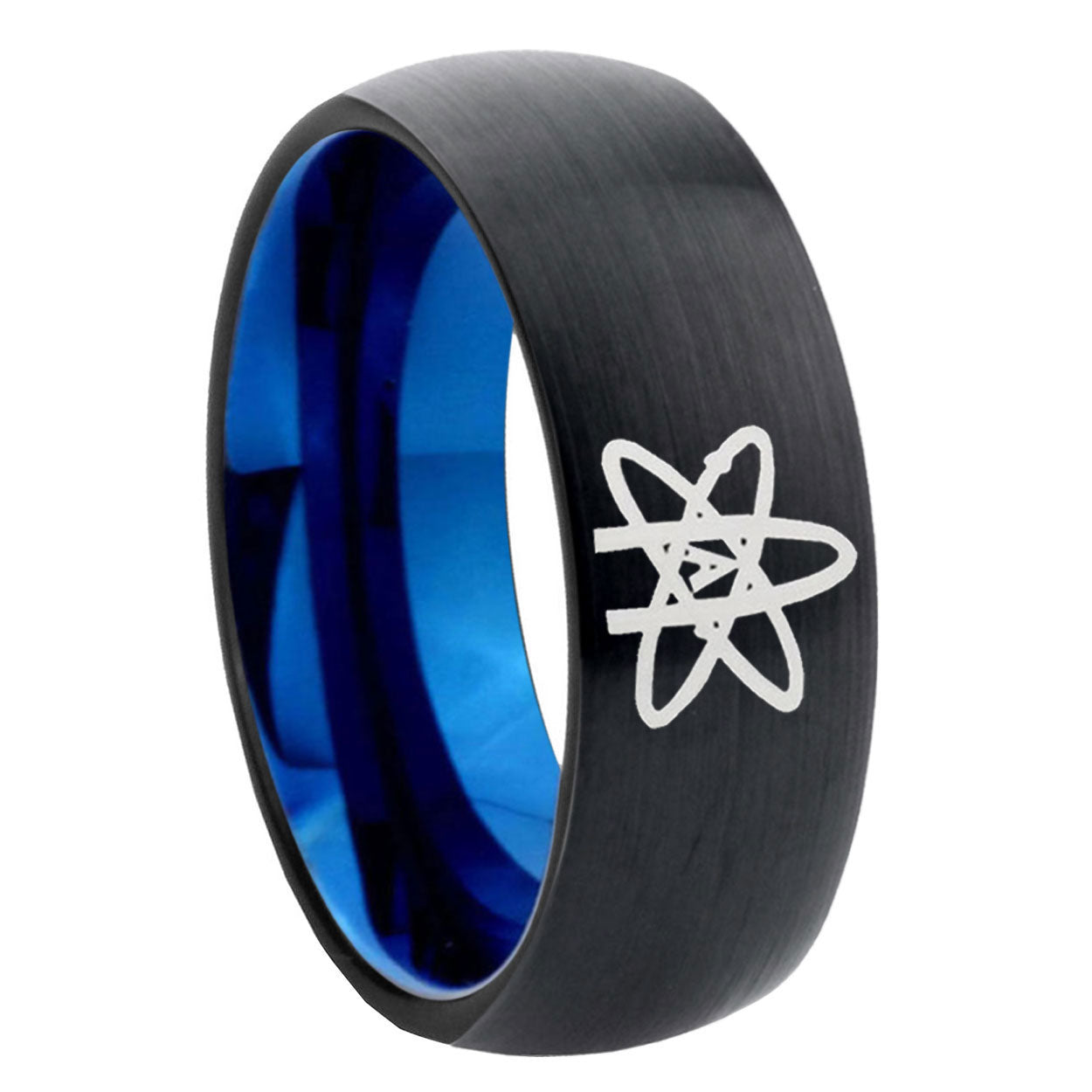 8mm American Atheist Two-Tone Classic Dome Black Blue Tungsten Engraved Ring