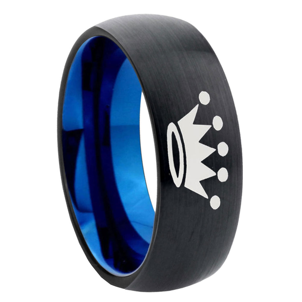 8mm Crown Two-Tone Classic Dome Black Blue Tungsten Engraved Ring