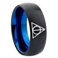 8mm Deathly Hallows Two-Tone Classic Dome Black Blue Tungsten Engraved Ring