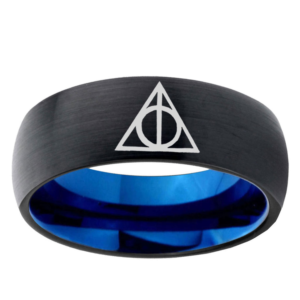 5mm Deathly Hallows Two-Tone Classic Dome Black Blue Tungsten Engraved Ring