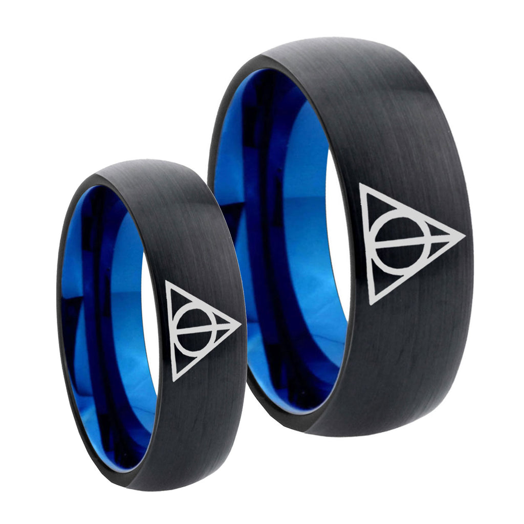Deathly Hallows Dome Blue Tungsten Bridal Ring Sets