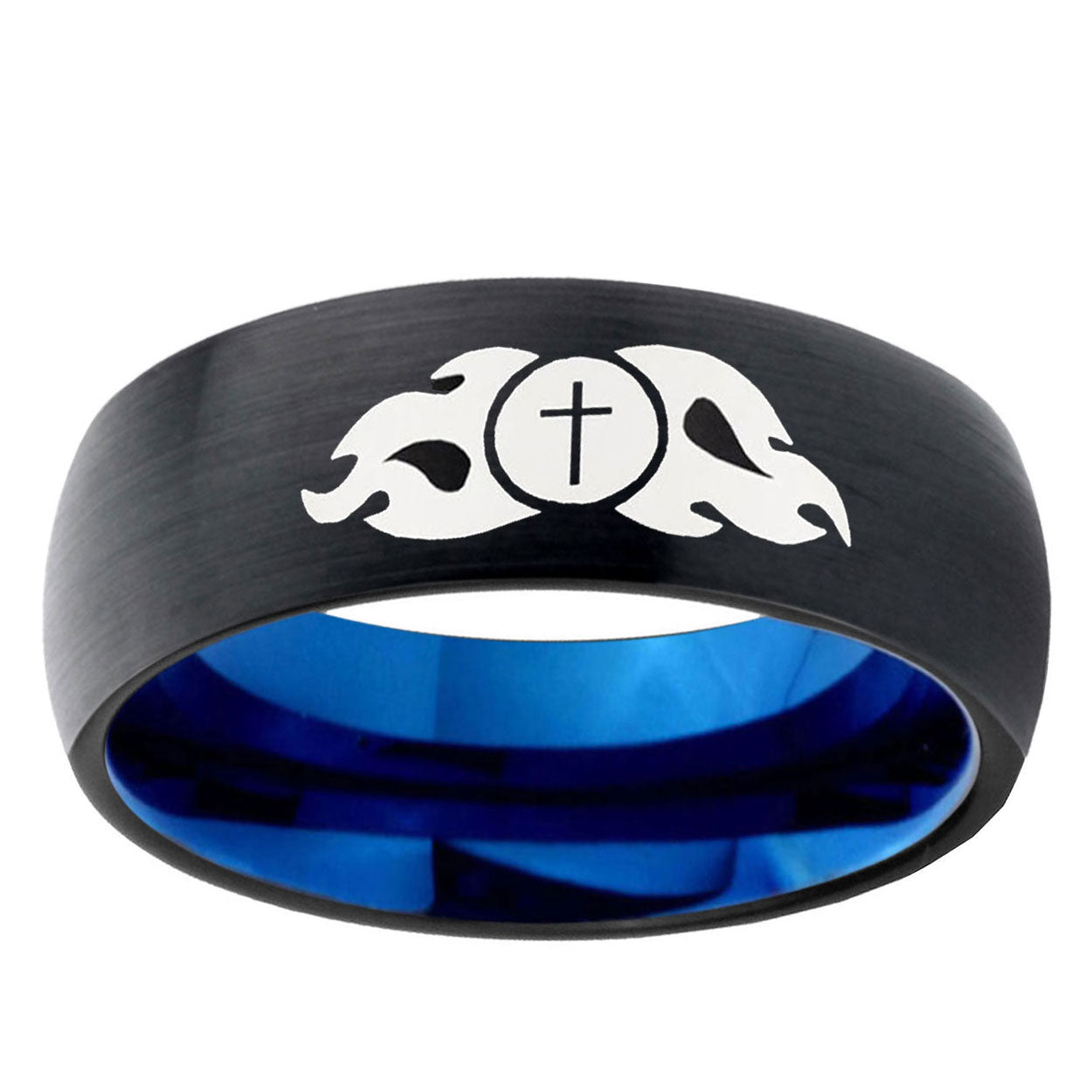 5mm Flamed Cross Two-Tone Classic Dome Black Blue Tungsten Engraved Ring