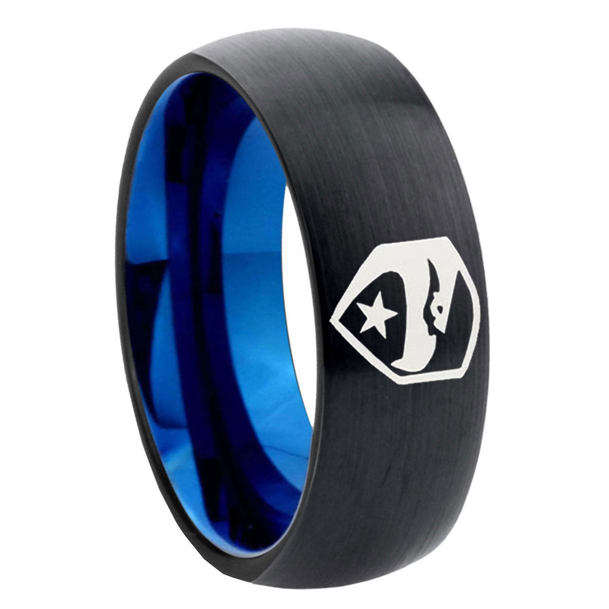 8mm GIa Joe Eagle Two-Tone Classic Dome Black Blue Tungsten Engraved Ring