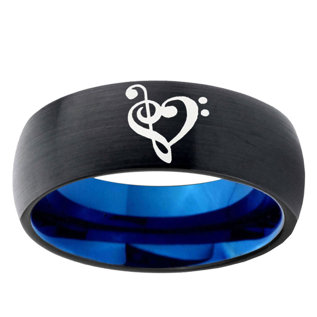 5mm Music And Heart Two-Tone Classic Dome Black Blue Tungsten Engraved Ring