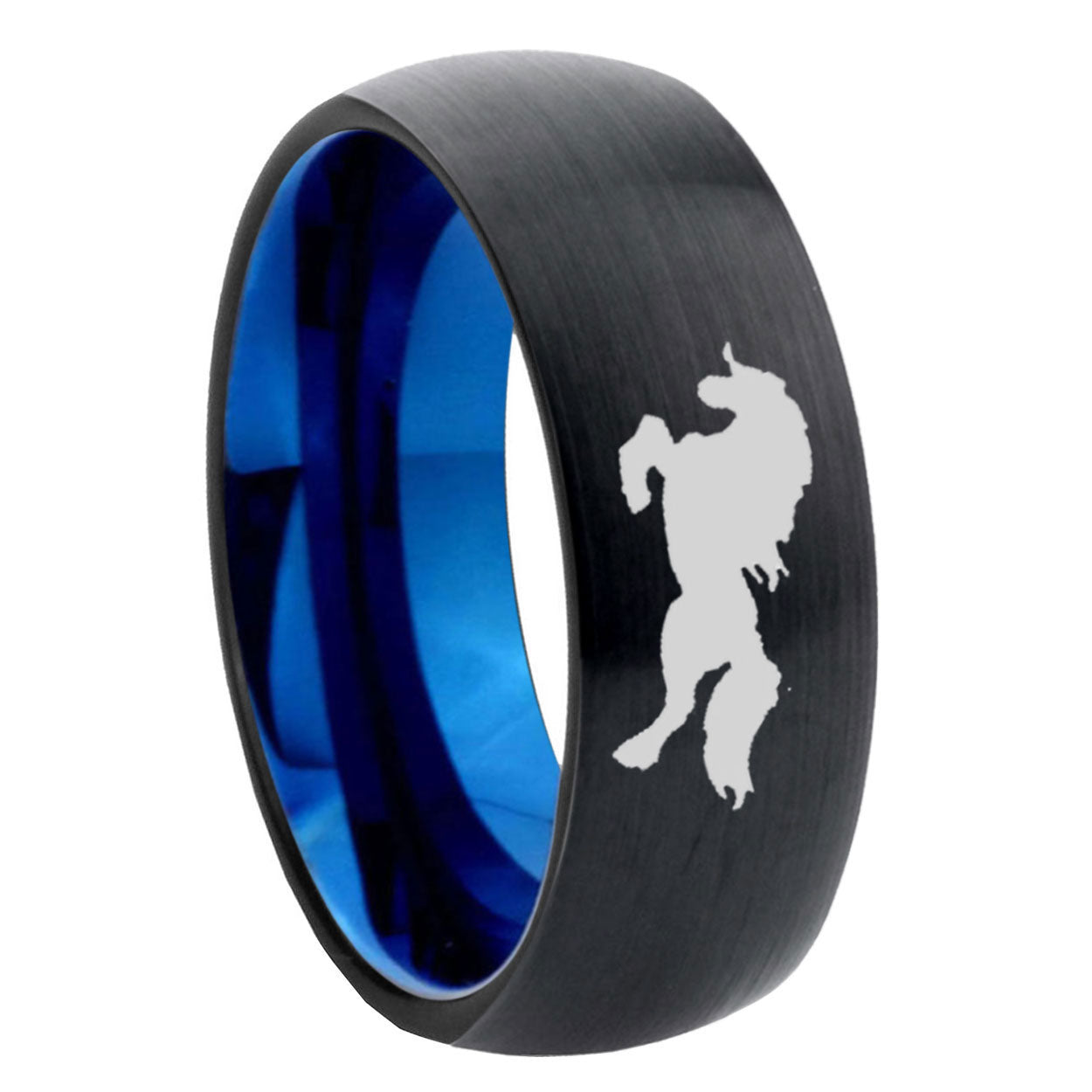 8mm Horse Two-Tone Classic Dome Black Blue Tungsten Engraved Ring