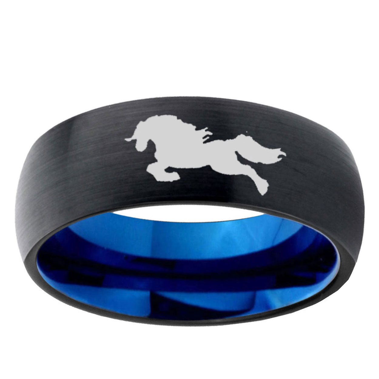 5mm Horse Two-Tone Classic Dome Black Blue Tungsten Engraved Ring