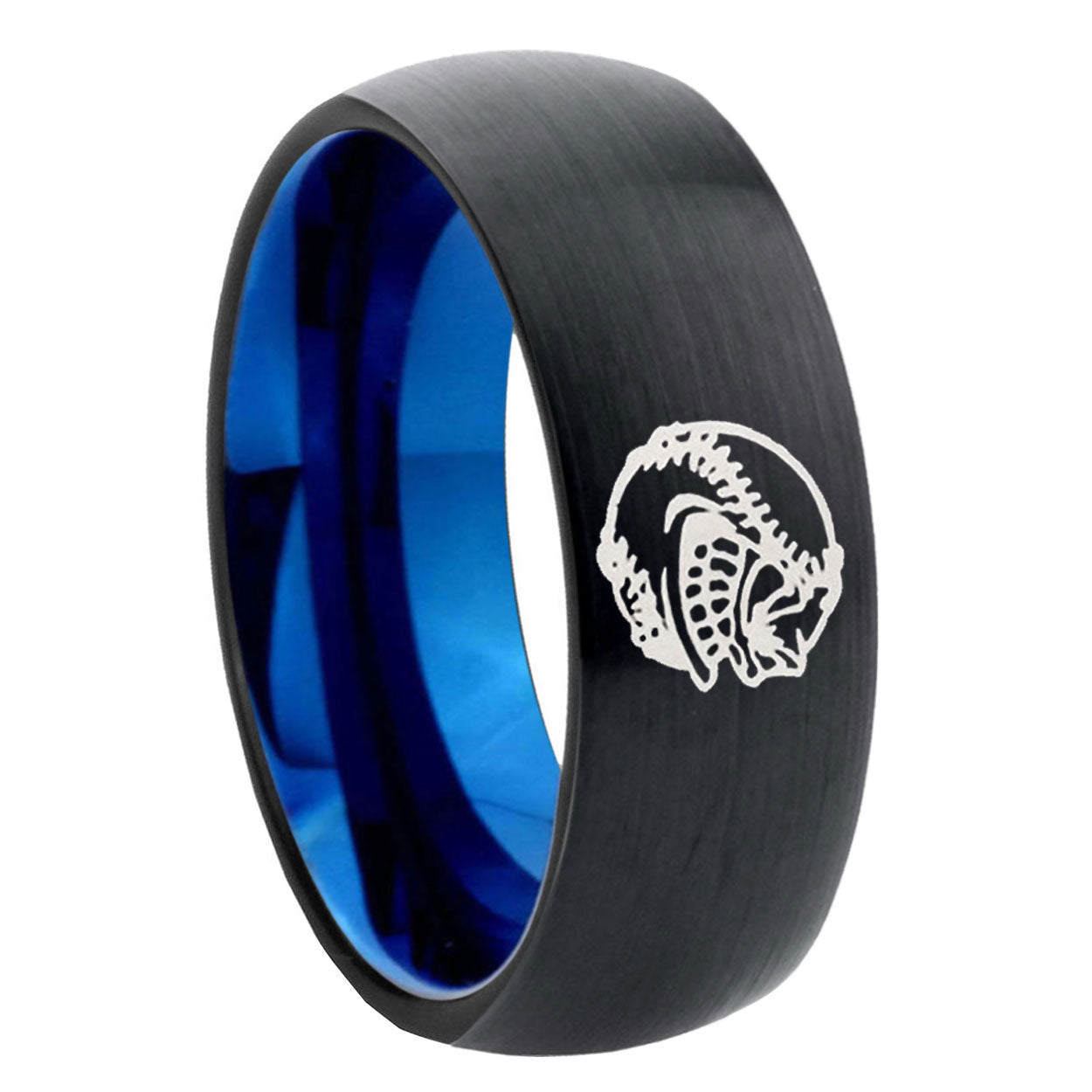 8mm Angry Baseball Two-Tone Classic Dome Black Blue Tungsten Engraved Ring