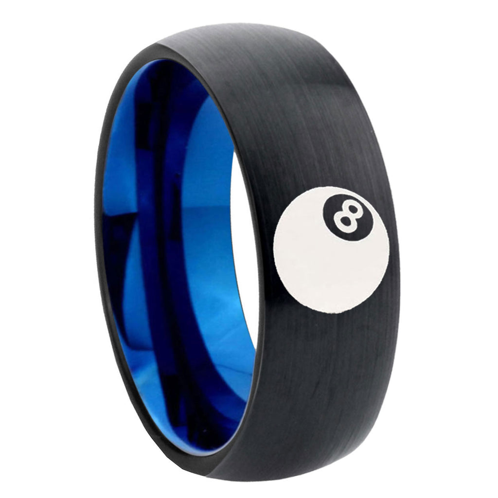 8mm 8 Ball Two-Tone Classic Dome Black Blue Tungsten Engraved Ring