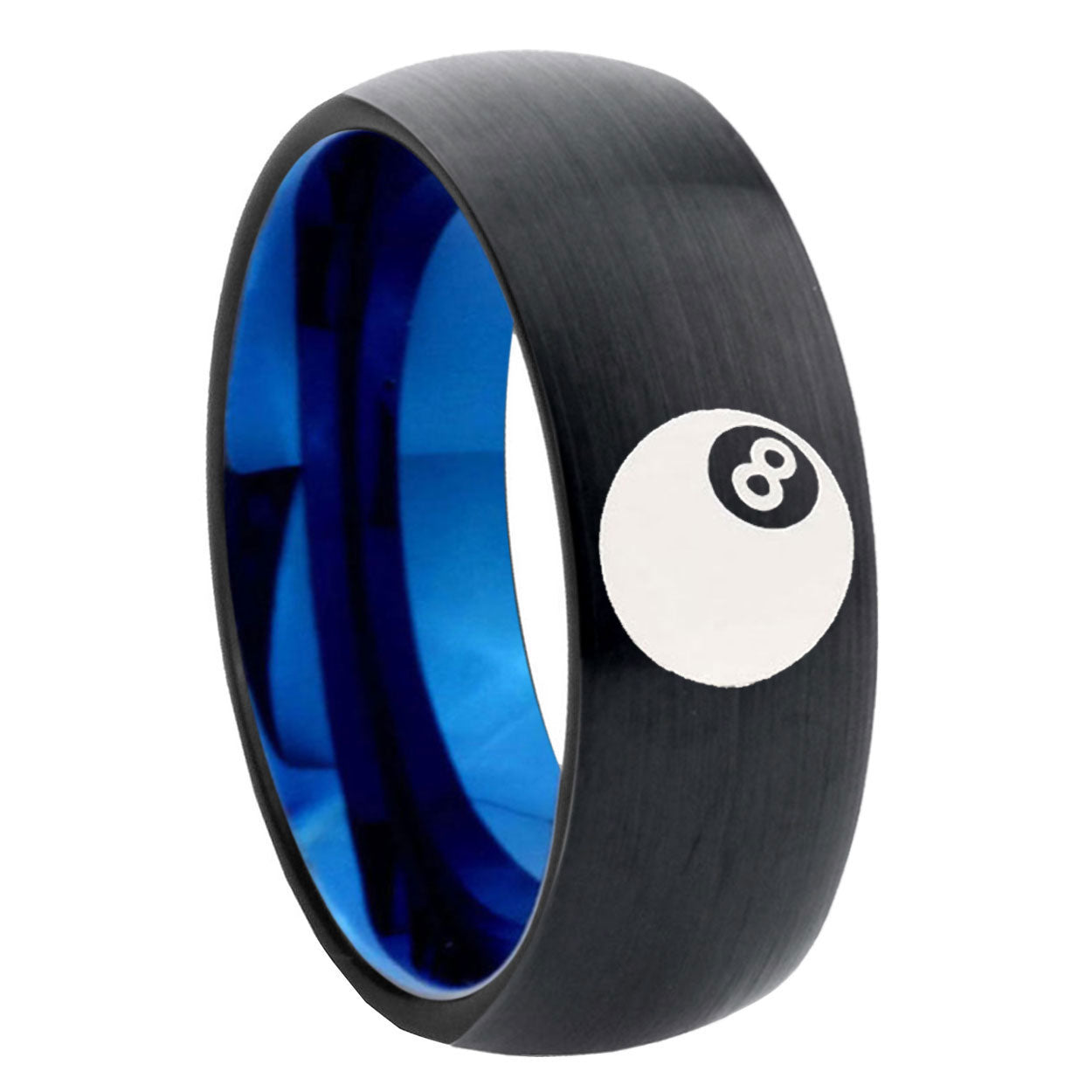 8mm 8 Ball Two-Tone Classic Dome Black Blue Tungsten Engraved Ring