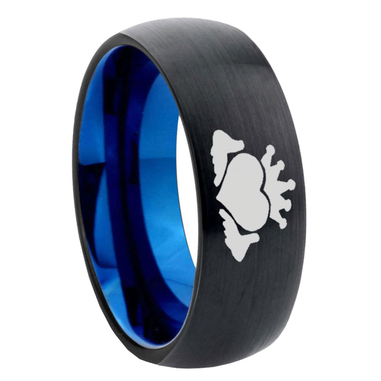8mm Claddagh Design Two-Tone Classic Dome Black Blue Tungsten Engraved Ring
