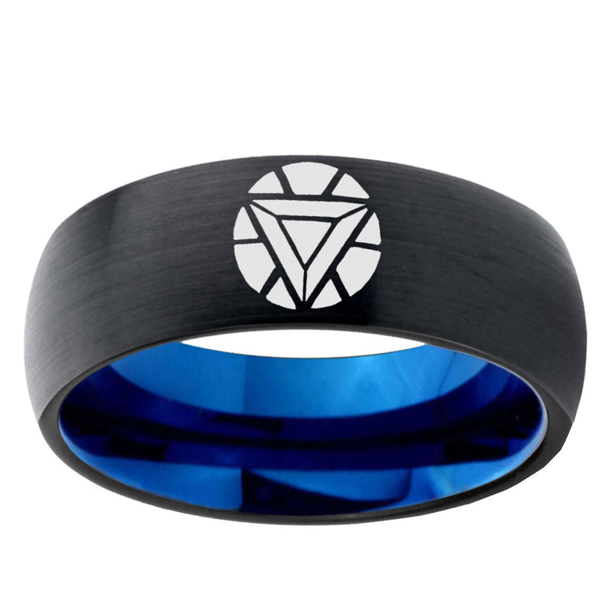 5mm Iron Man Art Two-Tone Classic Dome Black Blue Tungsten Engraved Ring