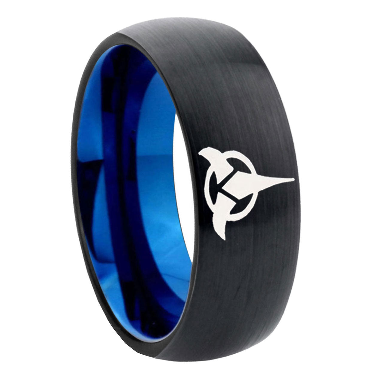 8mm Klingon Two-Tone Classic Dome Black Blue Tungsten Engraved Ring