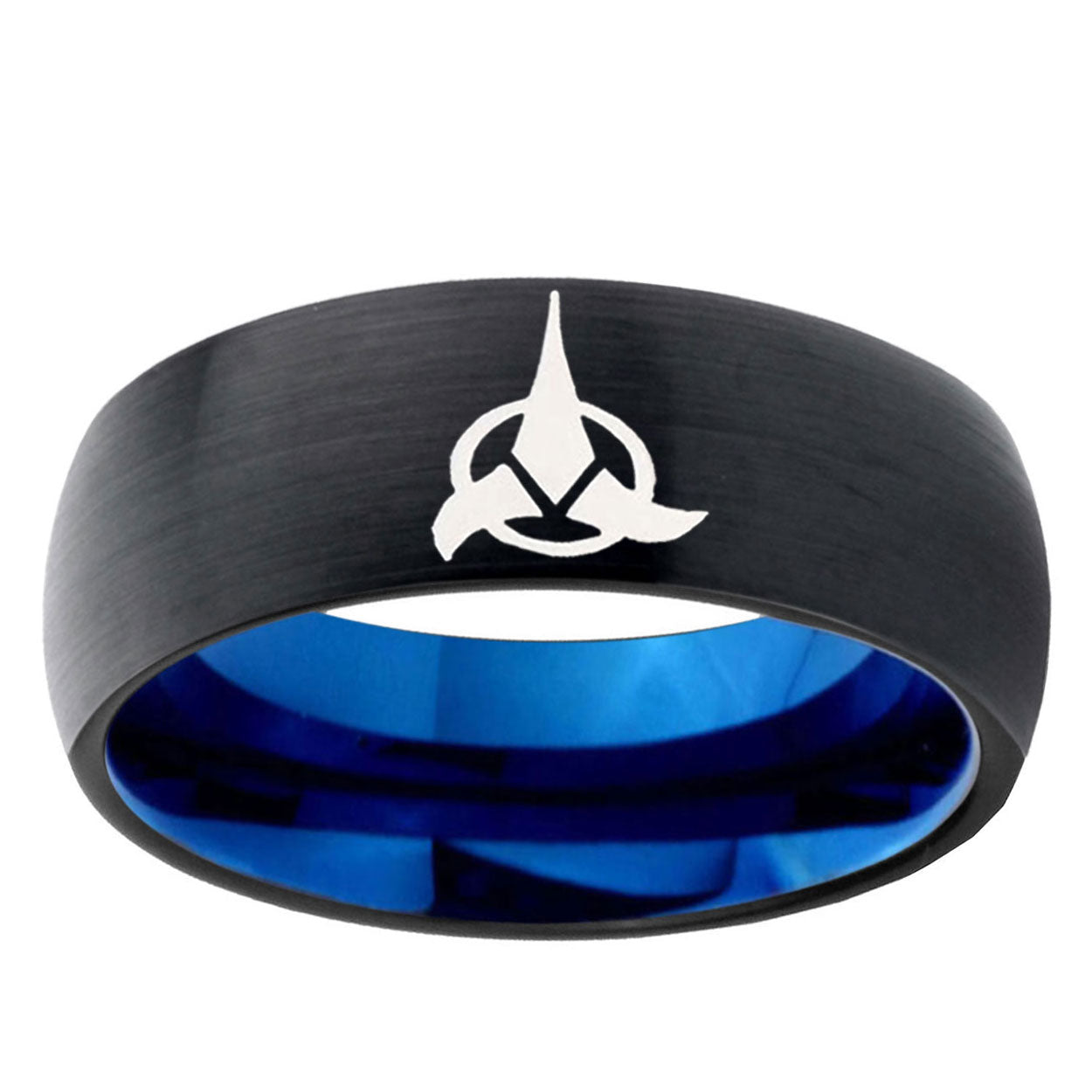 5mm Klingon Two-Tone Classic Dome Black Blue Tungsten Engraved Ring