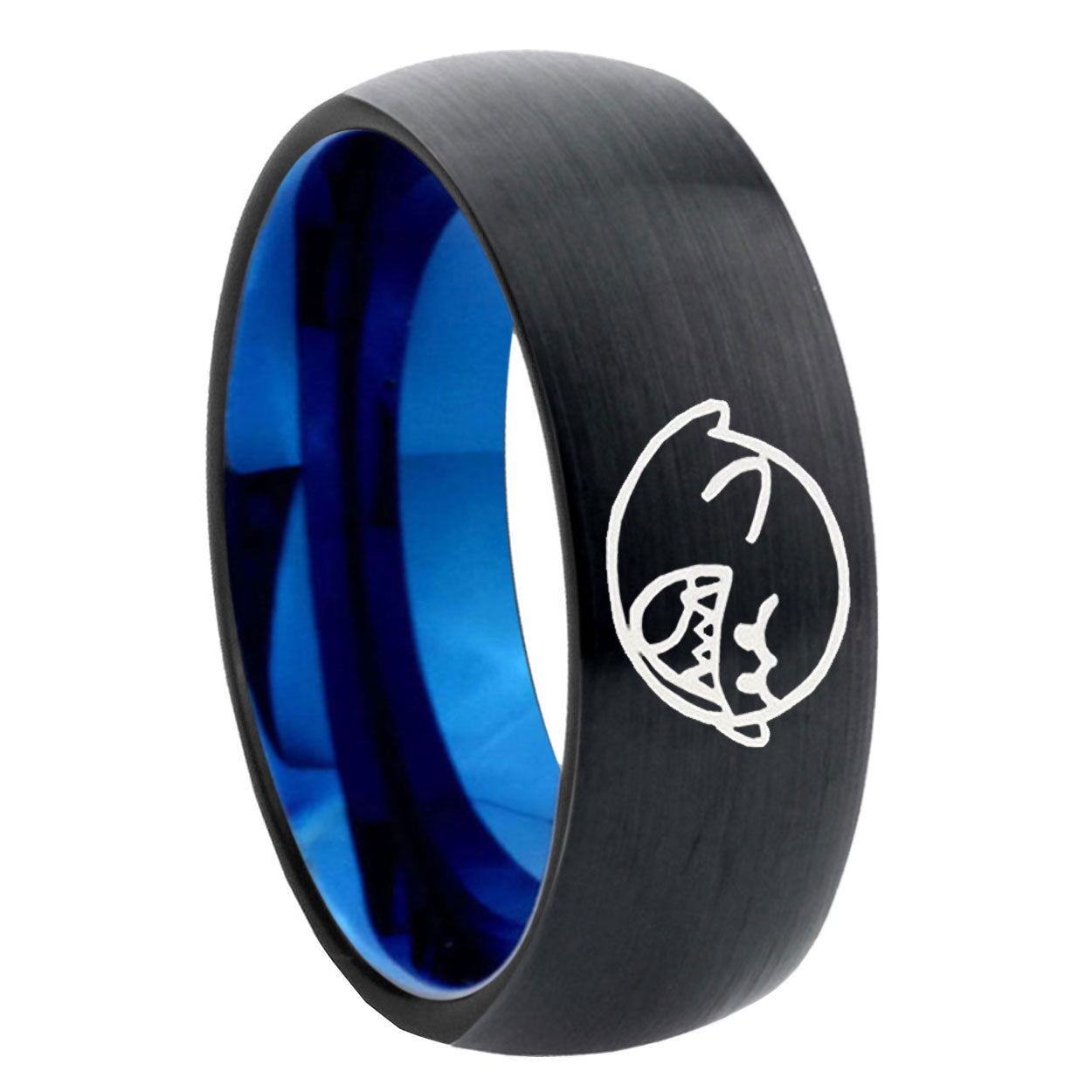 8mm Mario Boo Ghost Two-Tone Classic Dome Black Blue Tungsten Engraved Ring