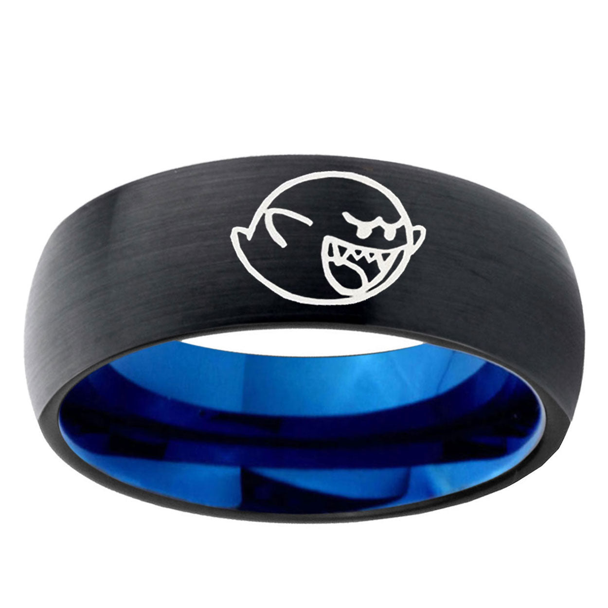 5mm Mario Boo Ghost Two-Tone Classic Dome Black Blue Tungsten Engraved Ring