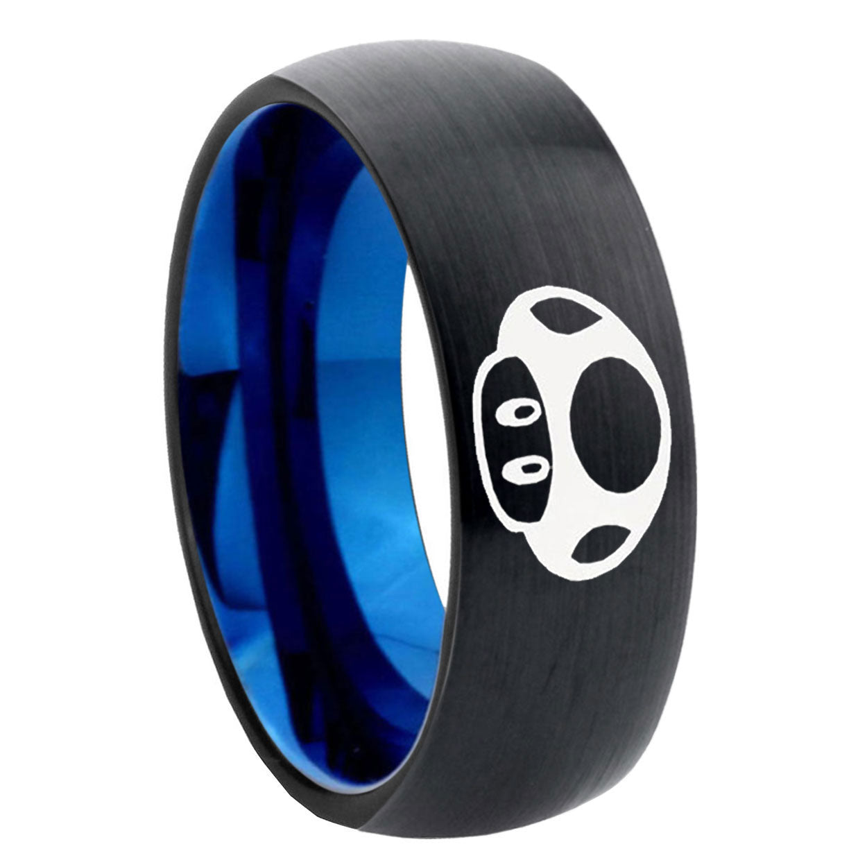 8mm Mario Mushroom Two-Tone Classic Dome Black Blue Tungsten Engraved Ring
