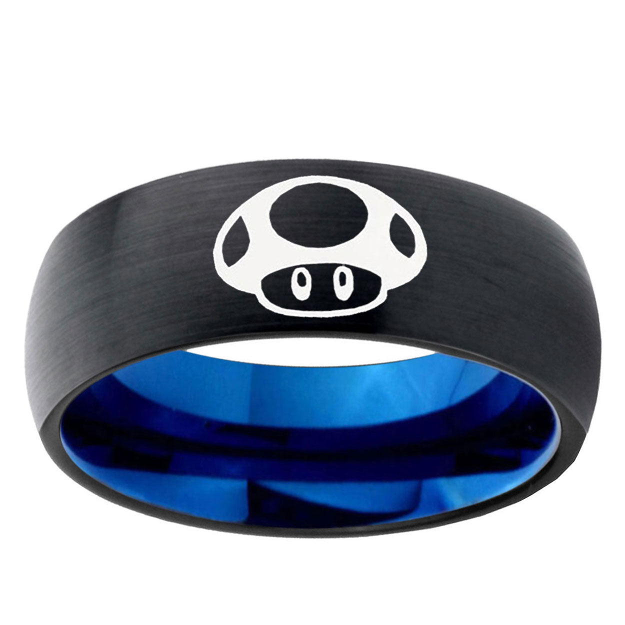 5mm Mario Mushroom Two-Tone Classic Dome Black Blue Tungsten Engraved Ring
