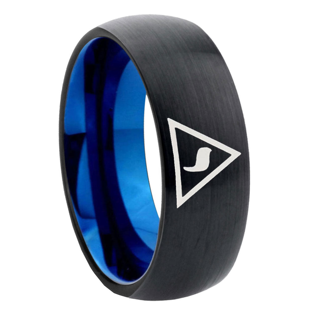 8mm Masonic Yod Two-Tone Classic Dome Black Blue Tungsten Engraved Ring