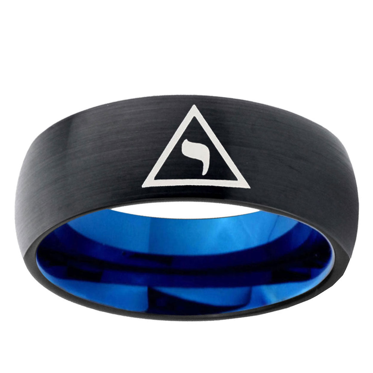 5mm Masonic Yod Two-Tone Classic Dome Black Blue Tungsten Engraved Ring