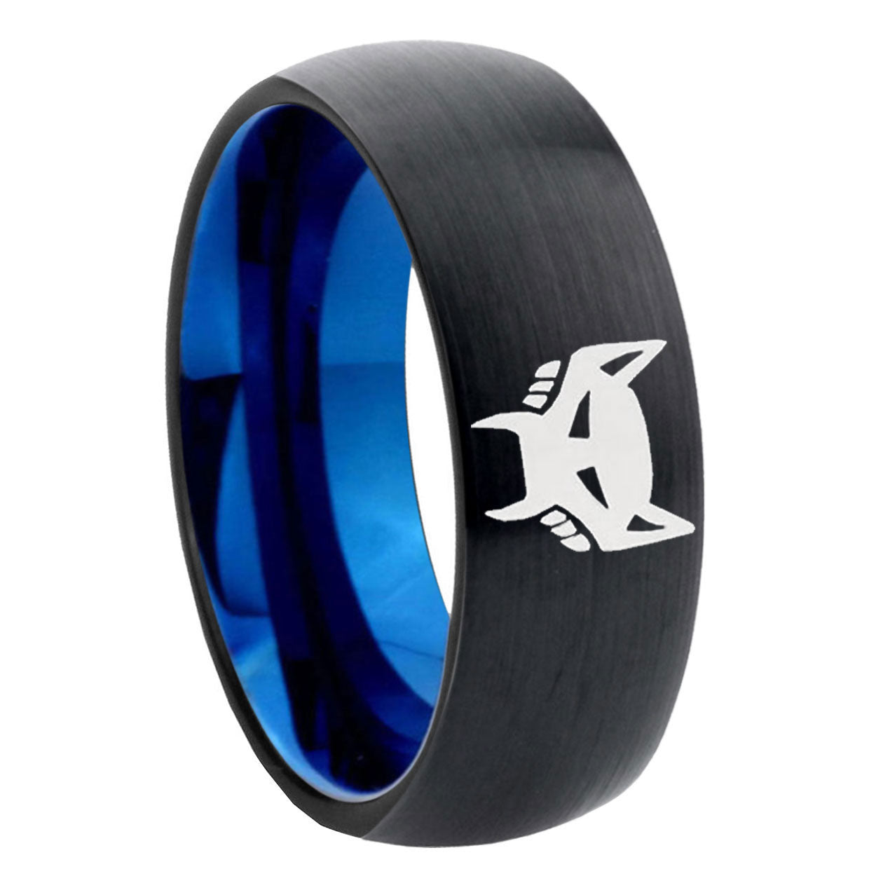 8mm Maximal Two-Tone Classic Dome Black Blue Tungsten Engraved Ring