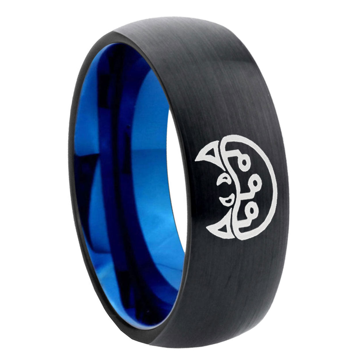 8mm Metroid Two-Tone Classic Dome Black Blue Tungsten Engraved Ring