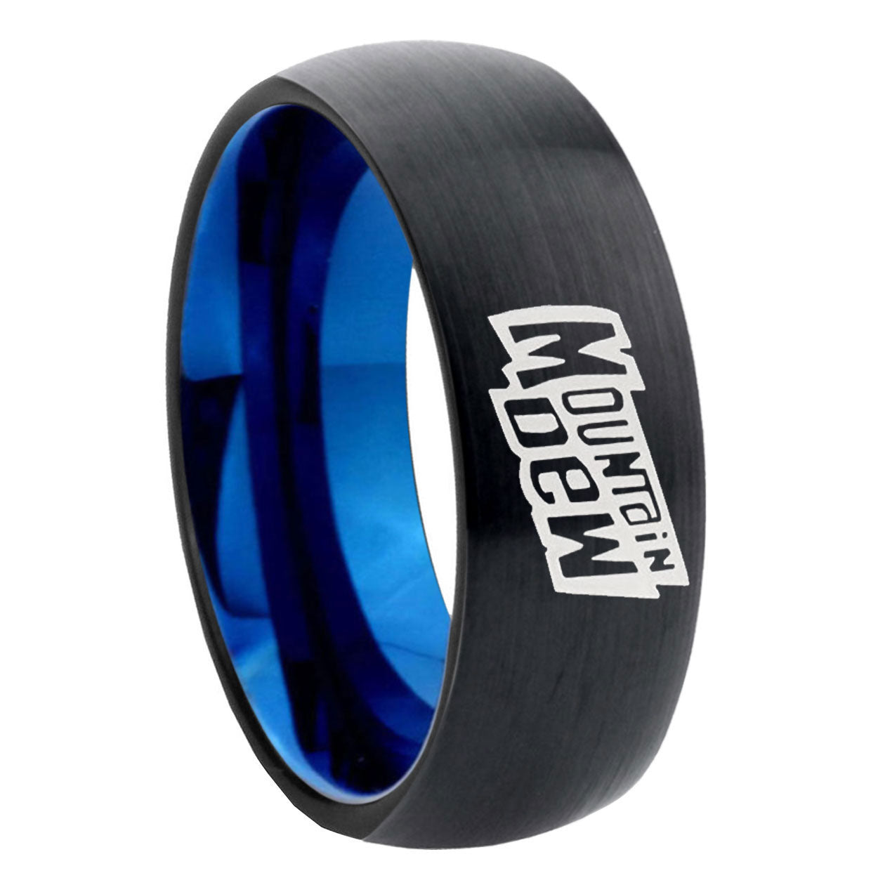 8mm Mountain Dew Two-Tone Classic Dome Black Blue Tungsten Engraved Ring
