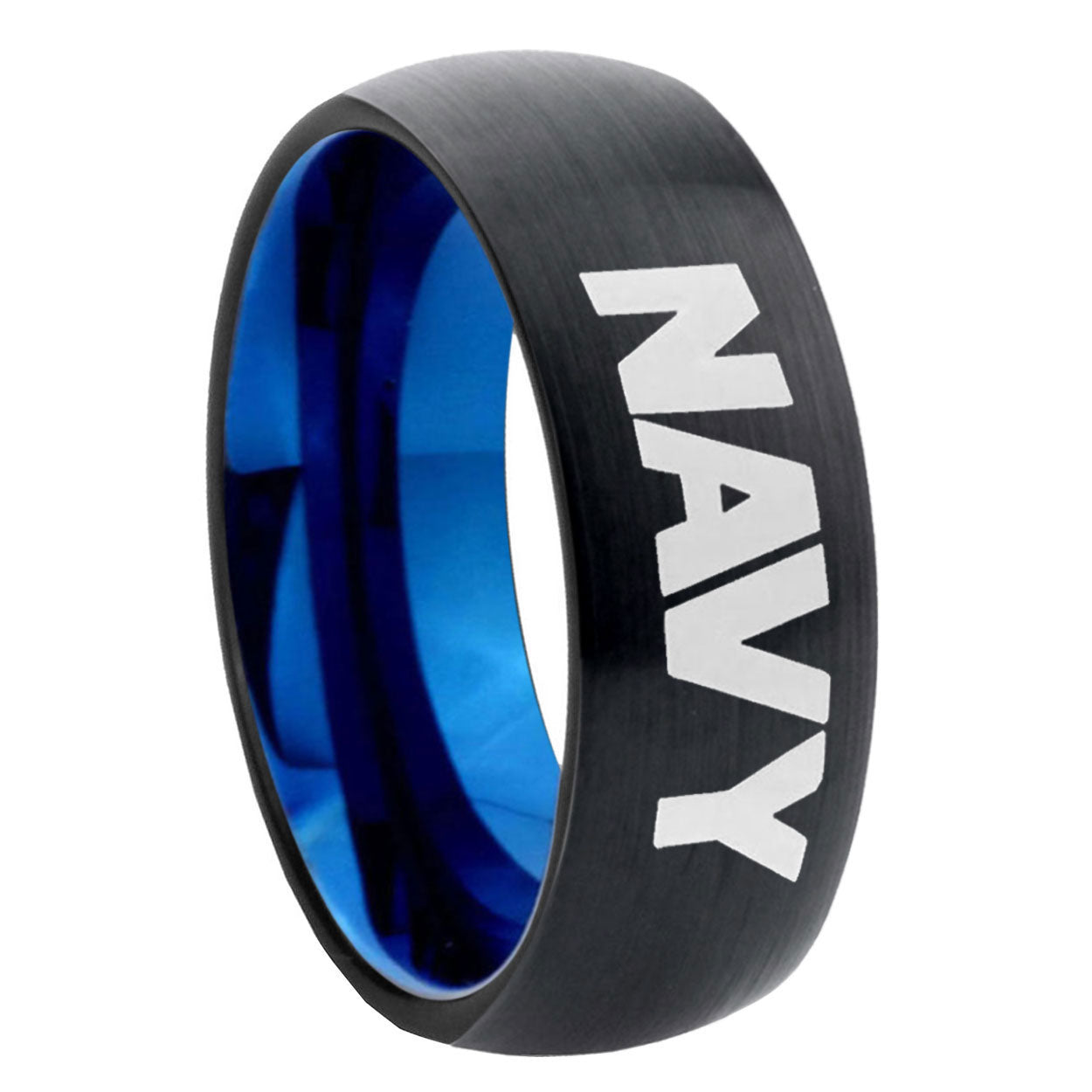 8mm Navy Two-Tone Classic Dome Black Blue Tungsten Engraved Ring