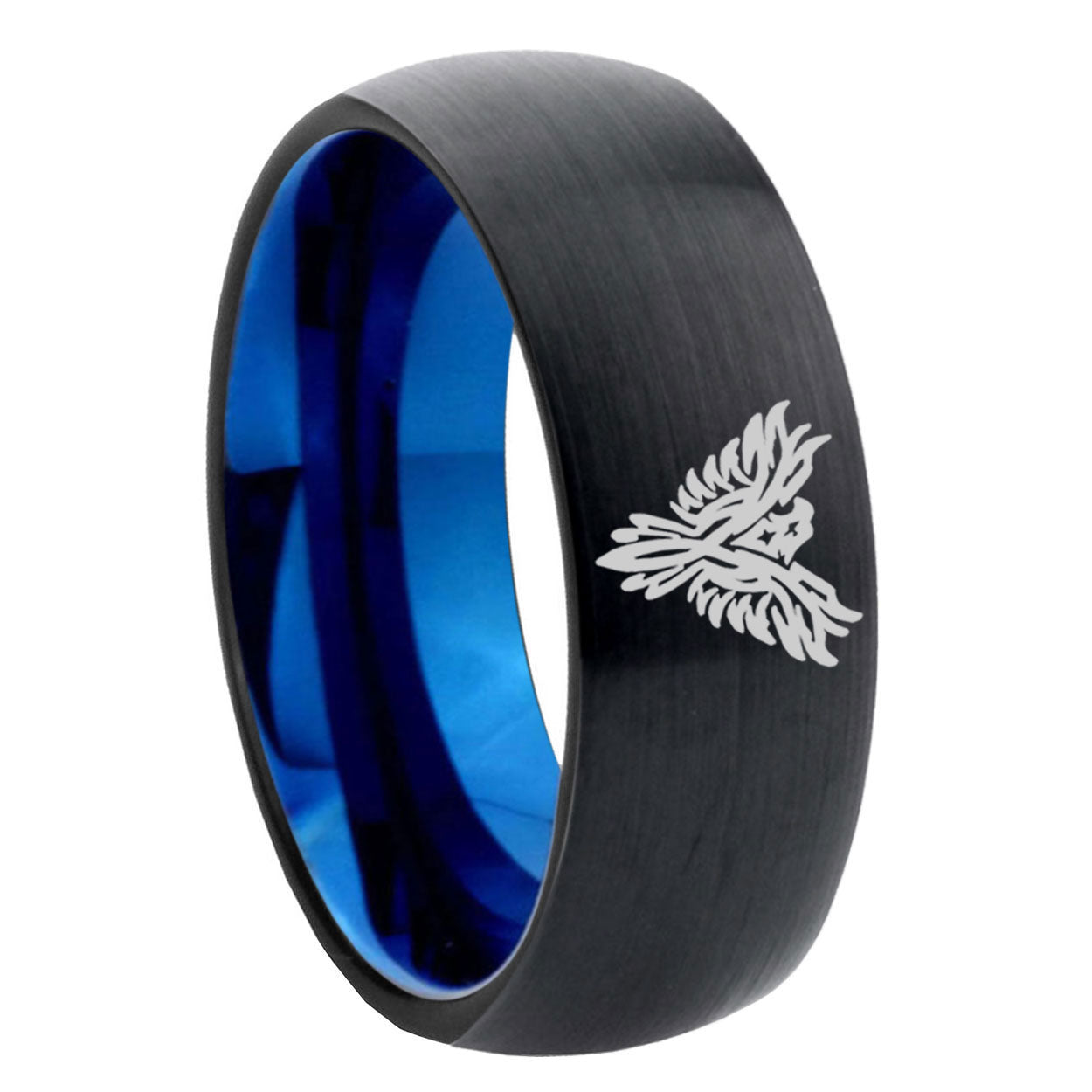 8mm Phoenix Two-Tone Classic Dome Black Blue Tungsten Engraved Ring