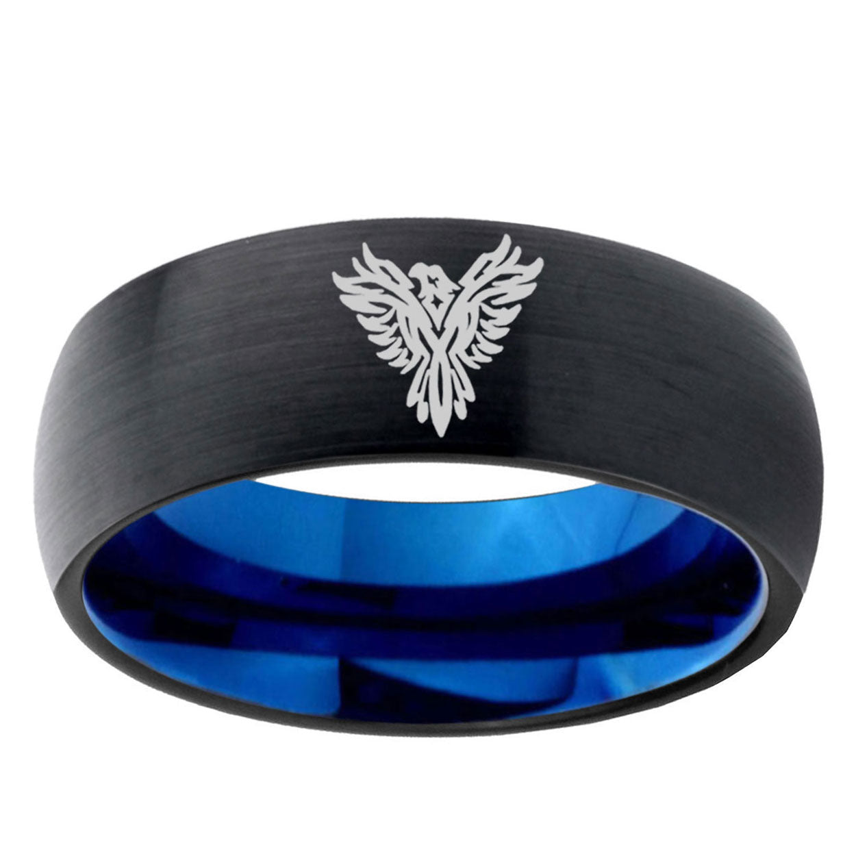 5mm Phoenix Two-Tone Classic Dome Black Blue Tungsten Engraved Ring